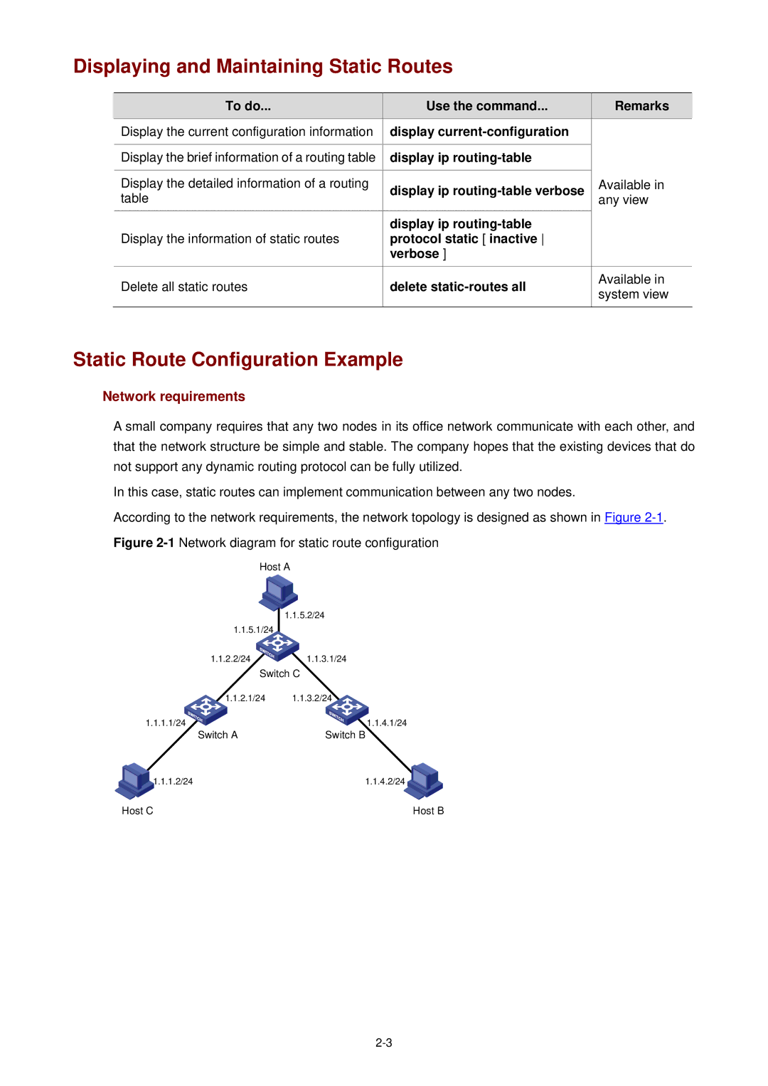 3Com WX3000 operation manual Displaying and Maintaining Static Routes, Static Route Configuration Example 