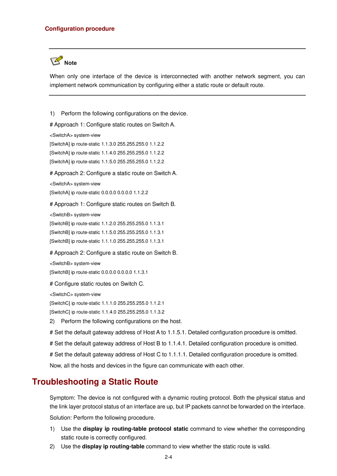 3Com WX3000 operation manual Troubleshooting a Static Route, # Approach 2 Configure a static route on Switch a 