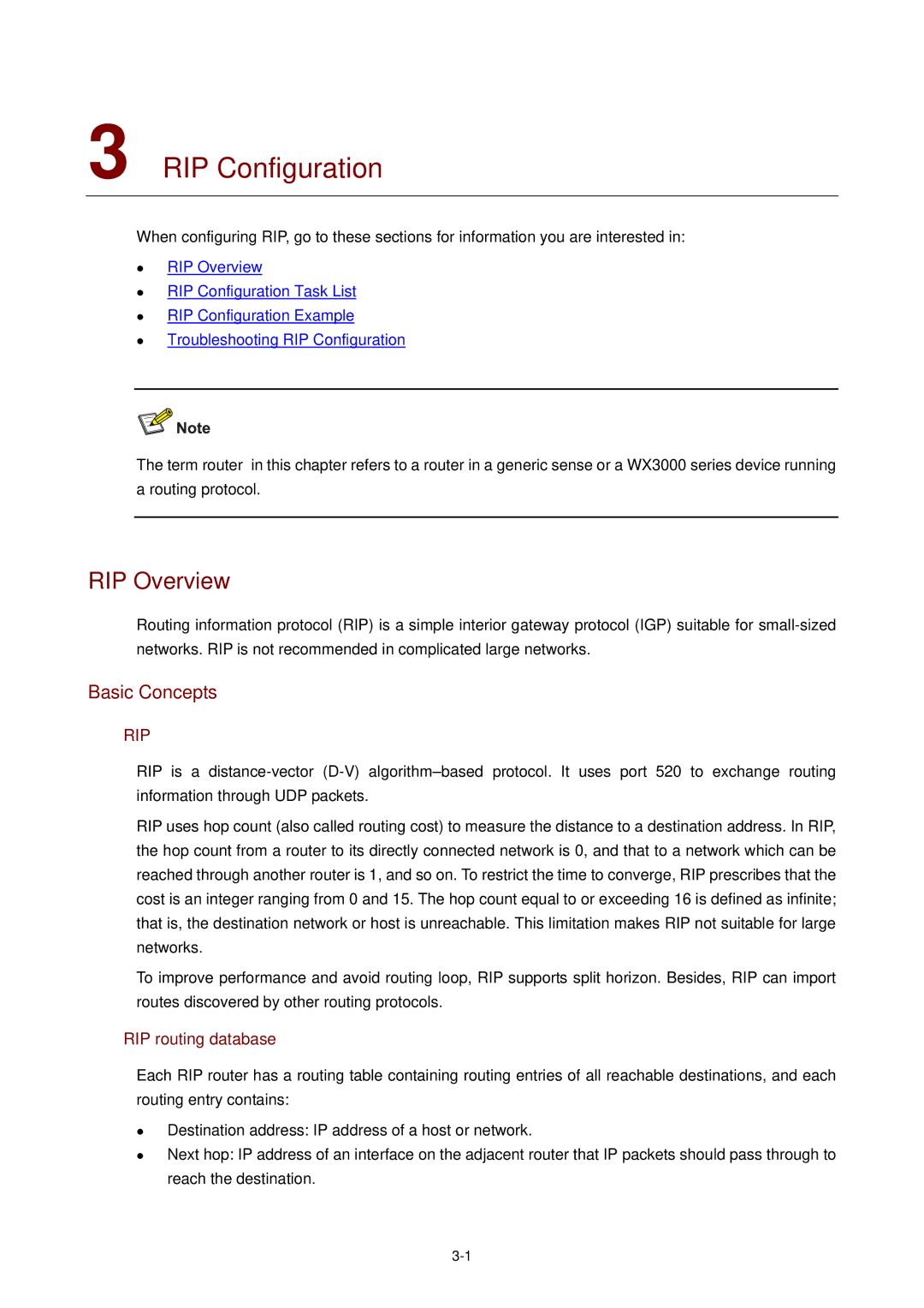 3Com WX3000 operation manual RIP Configuration, RIP Overview, Basic Concepts, RIP routing database 