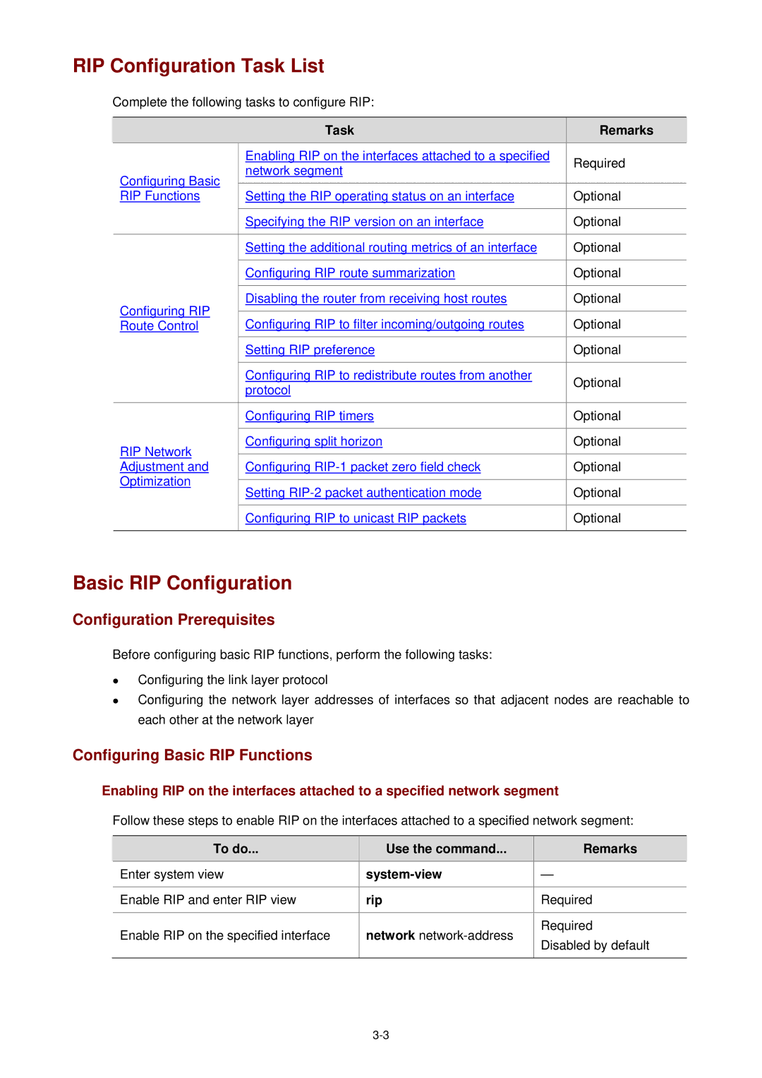 3Com WX3000 operation manual RIP Configuration Task List, Basic RIP Configuration, Configuring Basic RIP Functions, Rip 