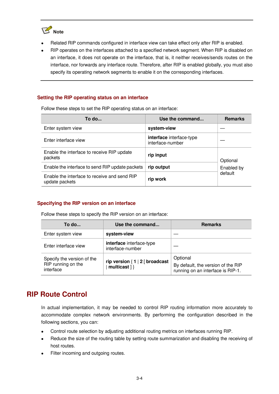 3Com WX3000 operation manual RIP Route Control, Setting the RIP operating status on an interface 