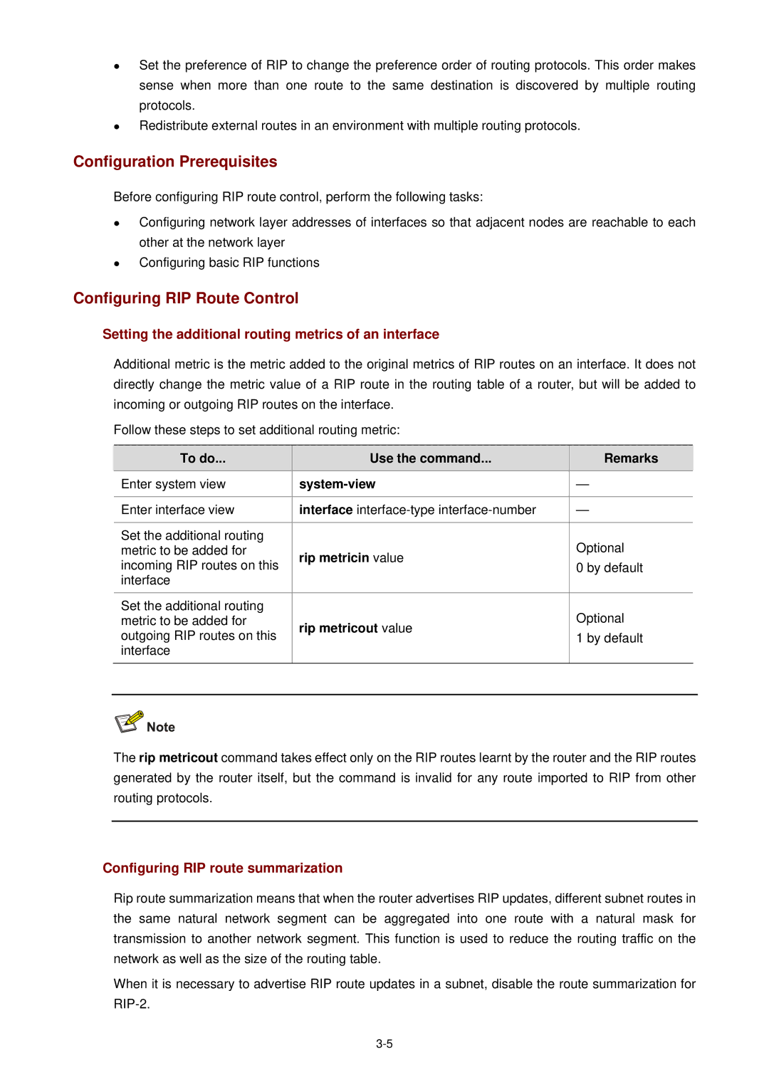 3Com WX3000 Configuring RIP Route Control, Setting the additional routing metrics of an interface, Rip metricin value 