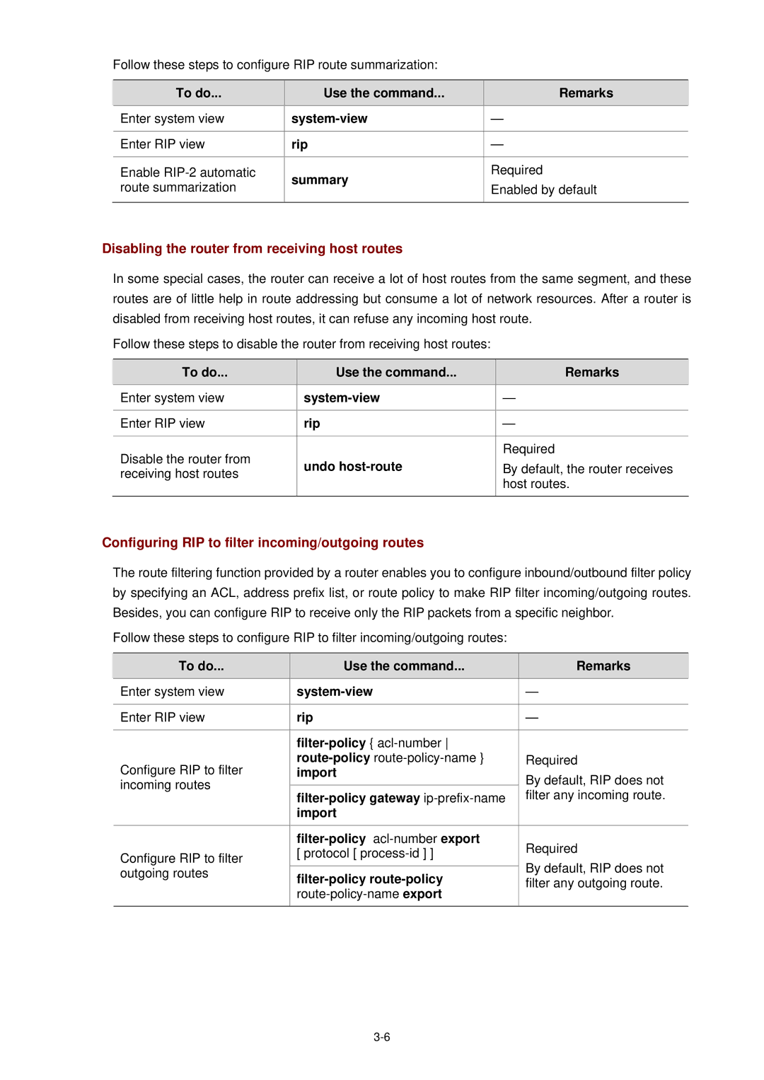 3Com WX3000 Disabling the router from receiving host routes, Configuring RIP to filter incoming/outgoing routes 