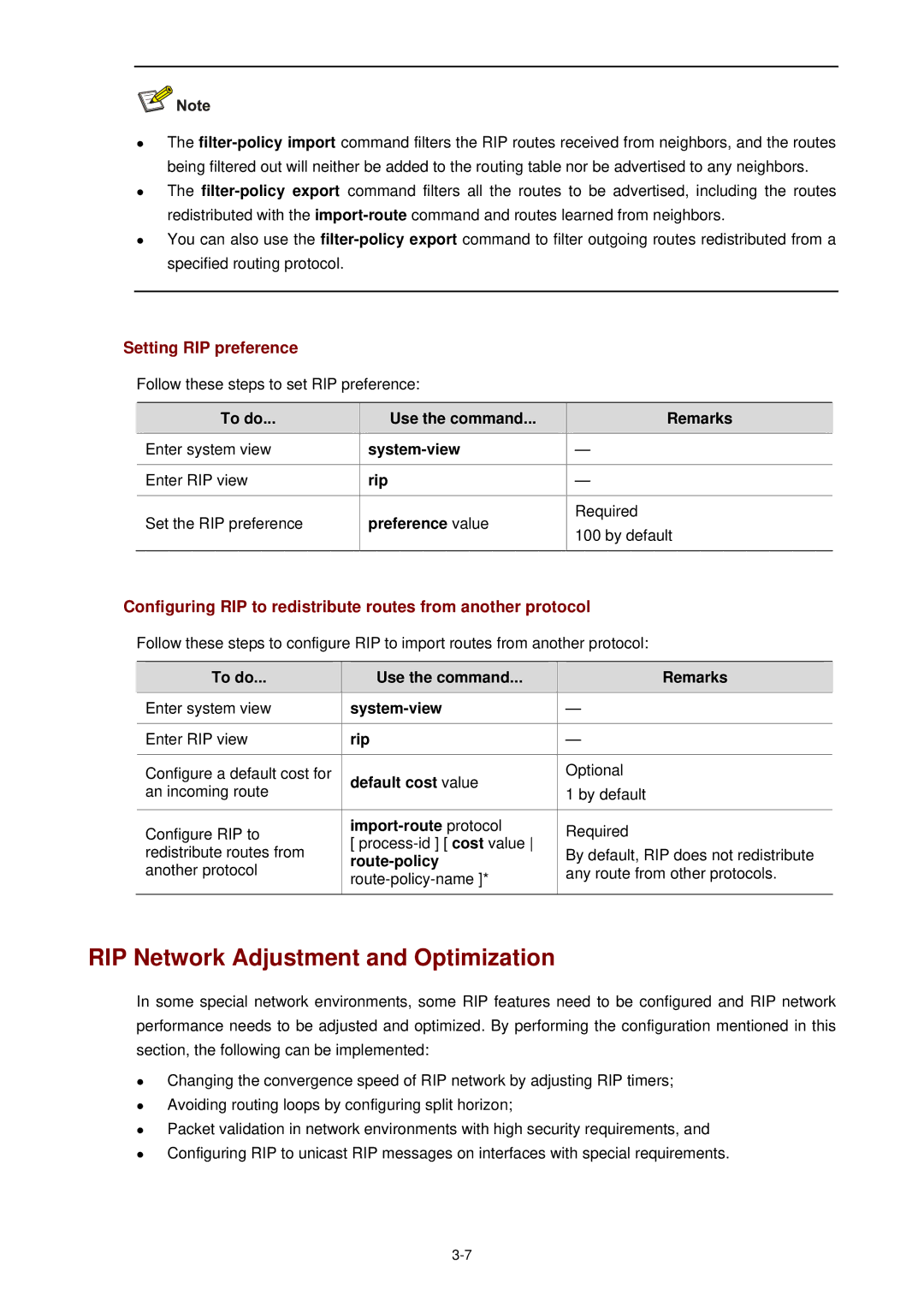 3Com WX3000 operation manual RIP Network Adjustment and Optimization, Setting RIP preference 