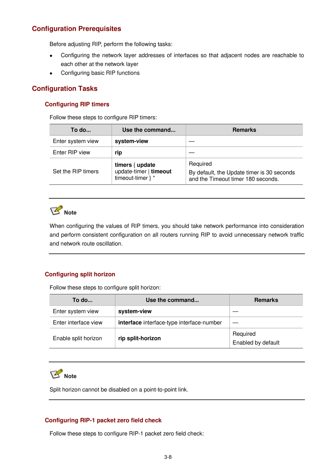 3Com WX3000 operation manual Configuration Tasks, Configuring RIP timers, Configuring split horizon 