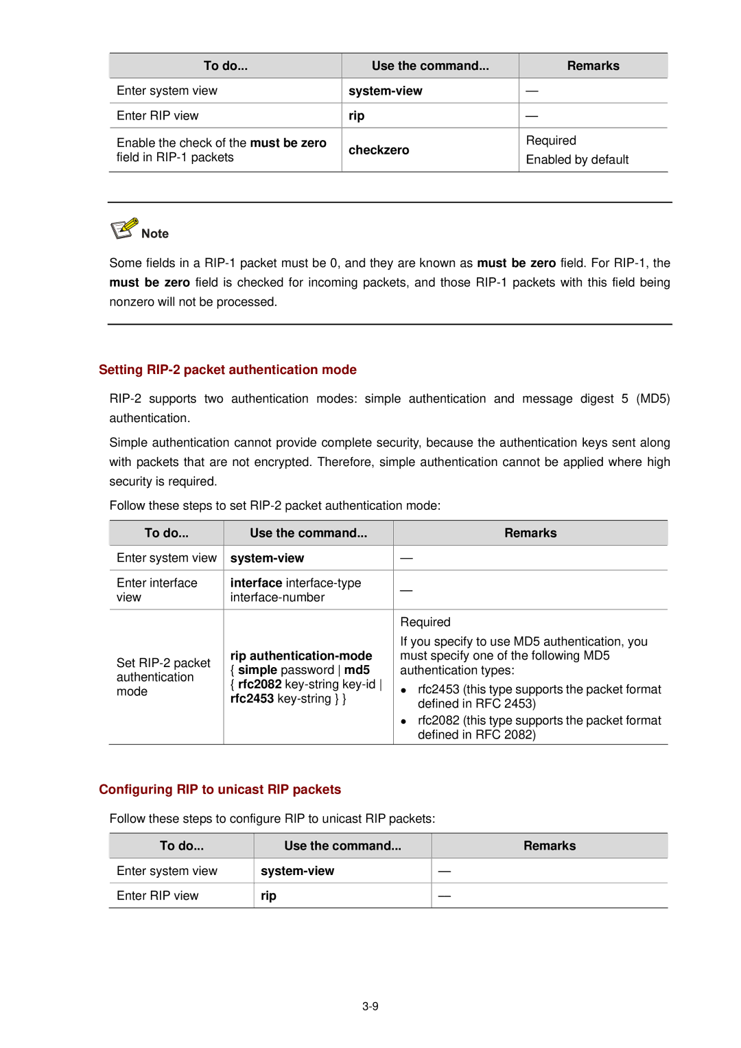 3Com WX3000 operation manual Setting RIP-2 packet authentication mode, Configuring RIP to unicast RIP packets, Checkzero 