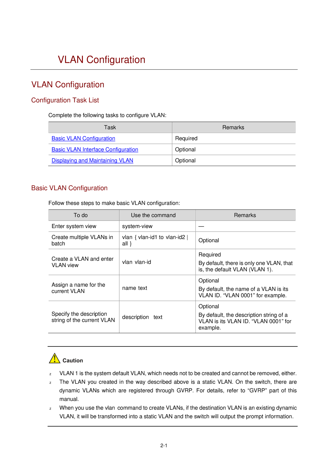 3Com WX3000 operation manual Configuration Task List, Basic Vlan Configuration 