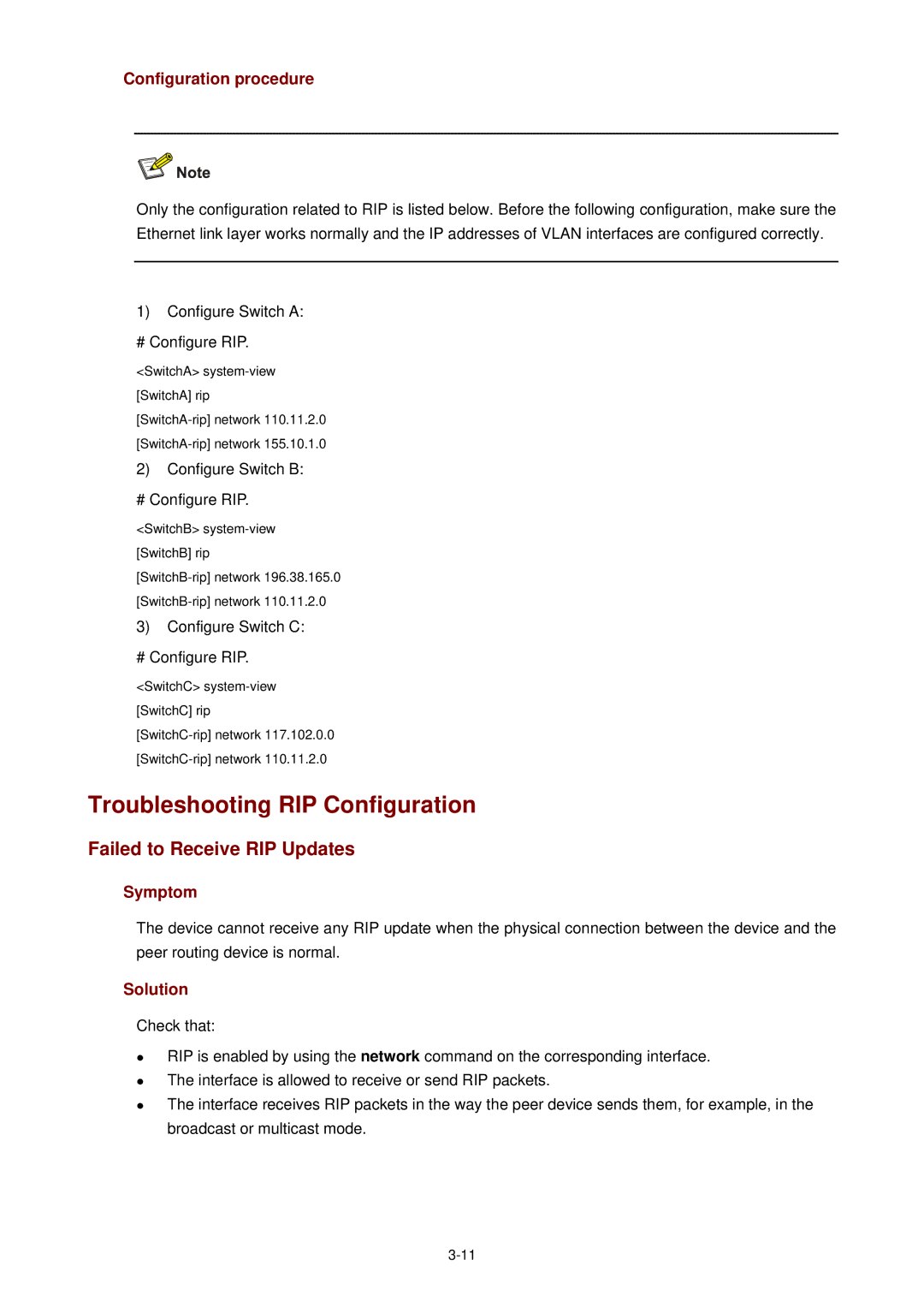 3Com WX3000 Troubleshooting RIP Configuration, Failed to Receive RIP Updates, Configure Switch B # Configure RIP 