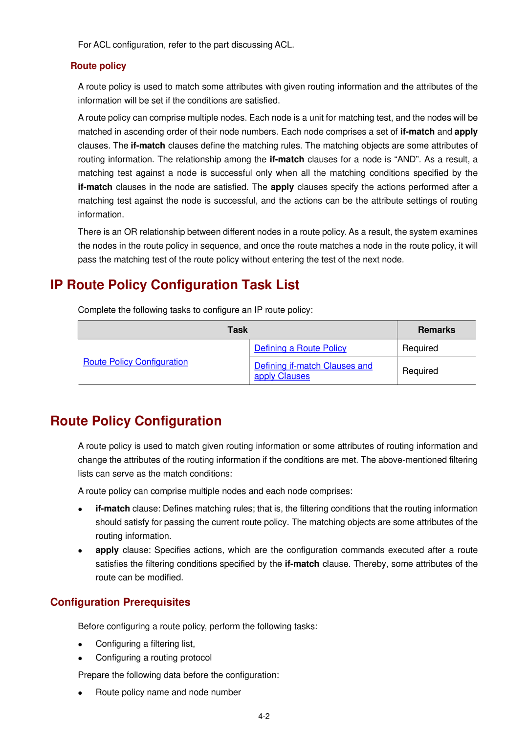 3Com WX3000 IP Route Policy Configuration Task List, Route policy, For ACL configuration, refer to the part discussing ACL 