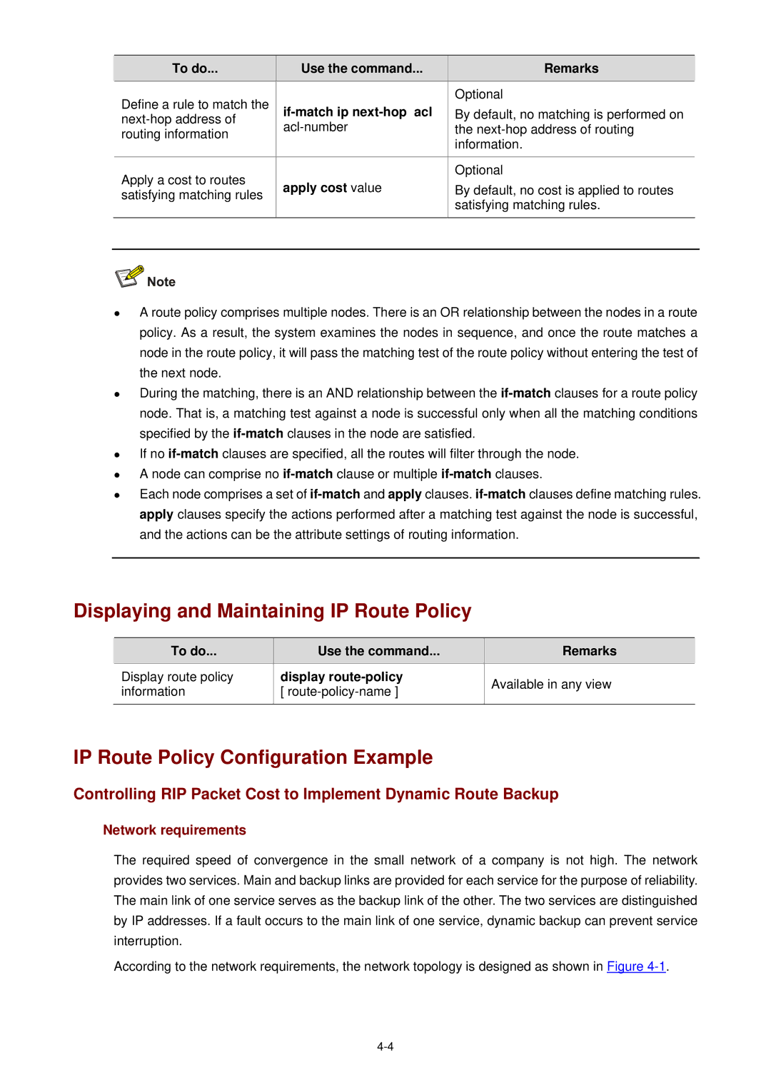 3Com WX3000 Displaying and Maintaining IP Route Policy, IP Route Policy Configuration Example, If-match ip next-hop acl 