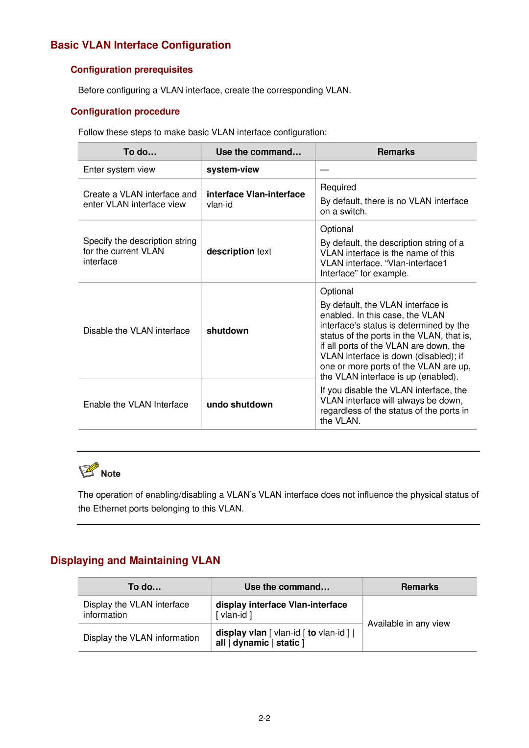 3Com WX3000 Basic Vlan Interface Configuration, Displaying and Maintaining Vlan, Configuration prerequisites 