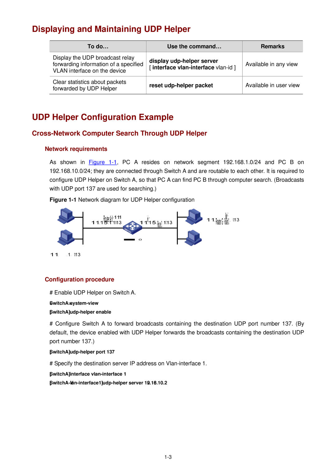 3Com WX3000 Displaying and Maintaining UDP Helper, UDP Helper Configuration Example, # Enable UDP Helper on Switch a 