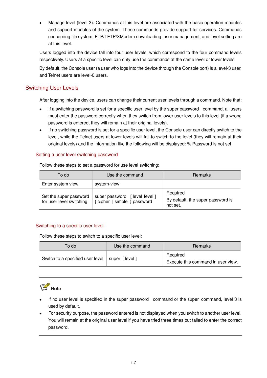 3Com WX3000 Switching User Levels, Setting a user level switching password, Switching to a specific user level 