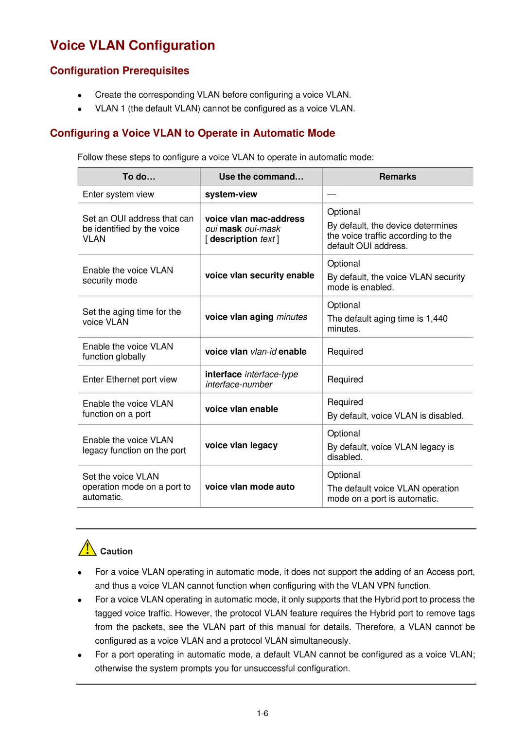 3Com WX3000 Voice Vlan Configuration, Configuration Prerequisites, Configuring a Voice Vlan to Operate in Automatic Mode 