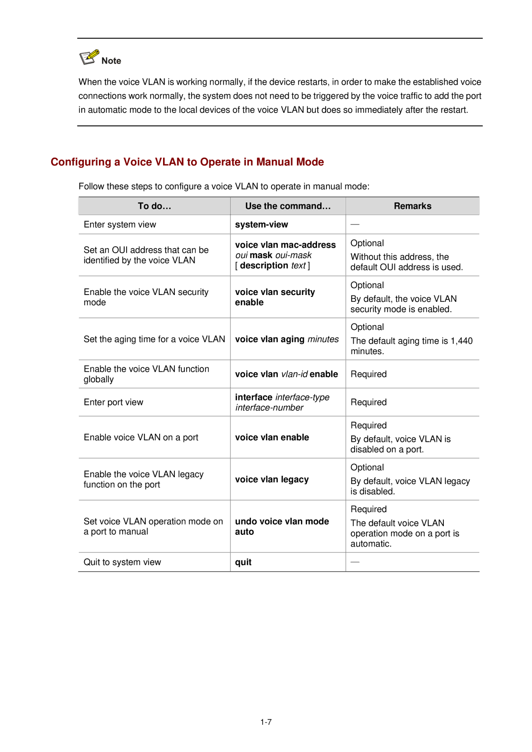 3Com WX3000 Configuring a Voice Vlan to Operate in Manual Mode, Voice vlan security, Enable, Undo voice vlan mode, Auto 