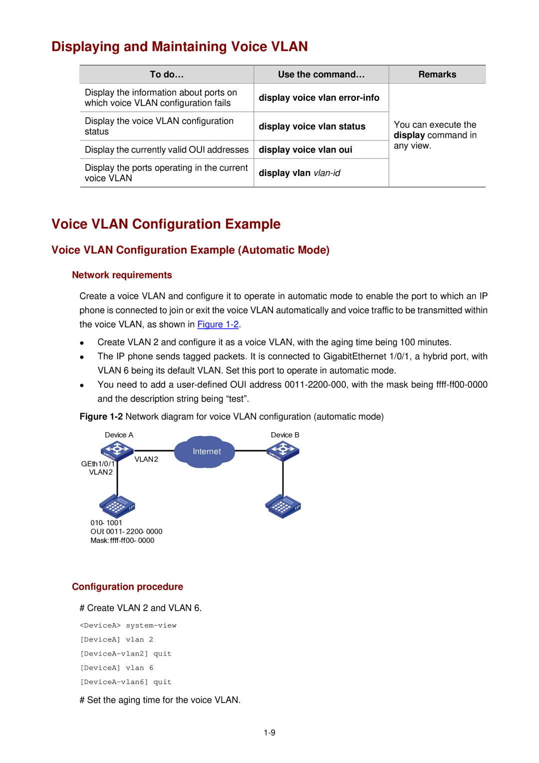 3Com WX3000 operation manual Displaying and Maintaining Voice Vlan, Voice Vlan Configuration Example 