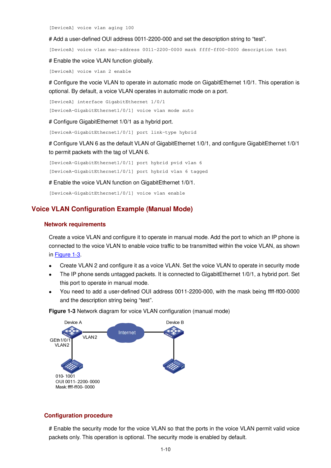 3Com WX3000 operation manual Voice Vlan Configuration Example Manual Mode, # Enable the voice Vlan function globally 