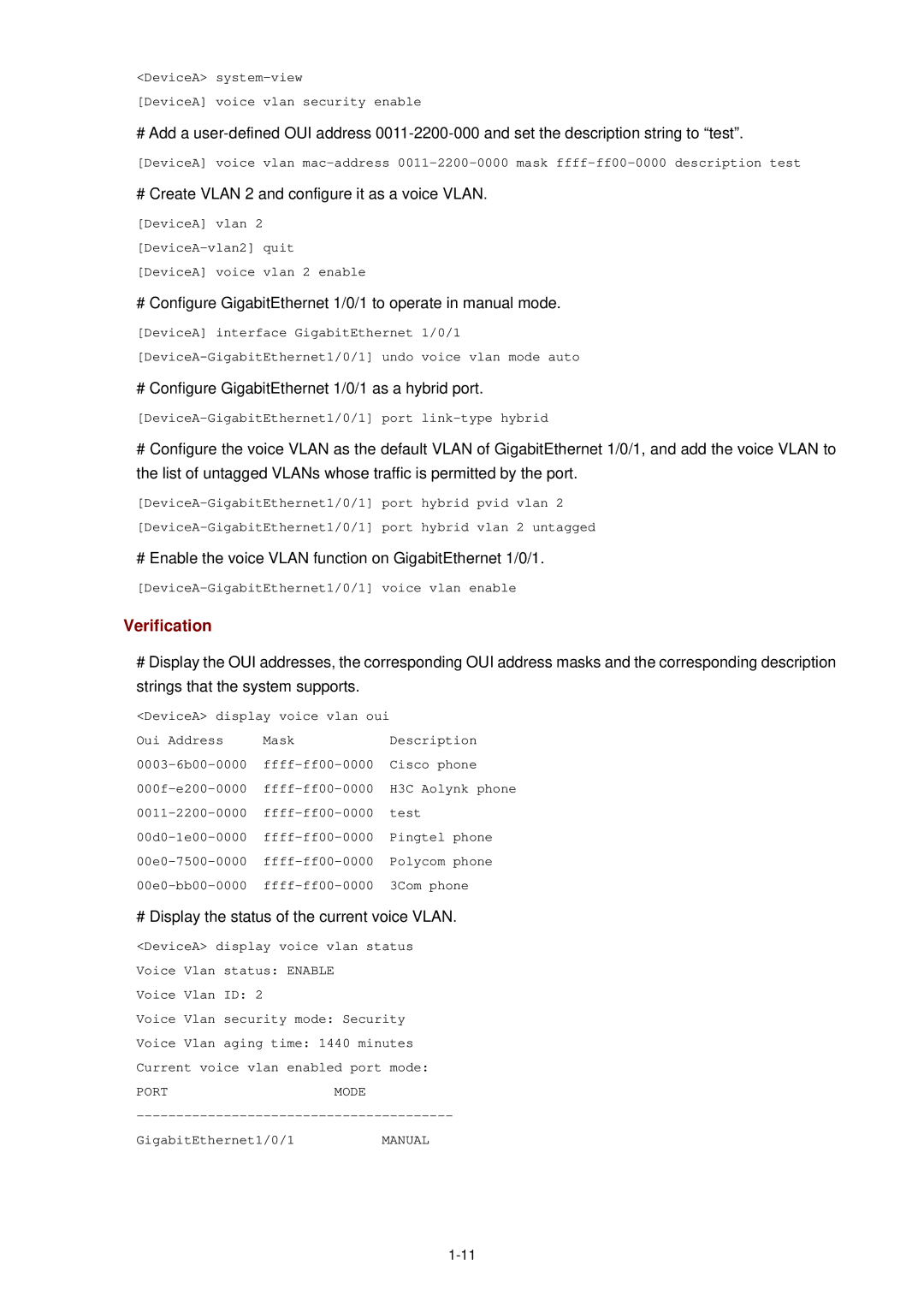 3Com WX3000 Verification, # Create Vlan 2 and configure it as a voice Vlan, # Display the status of the current voice Vlan 