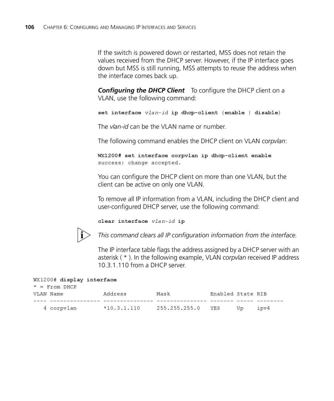 3Com WX1200 3CRWX120695A manual Set interface vlan-idip dhcp-client enable disable, WX1200# display interface 