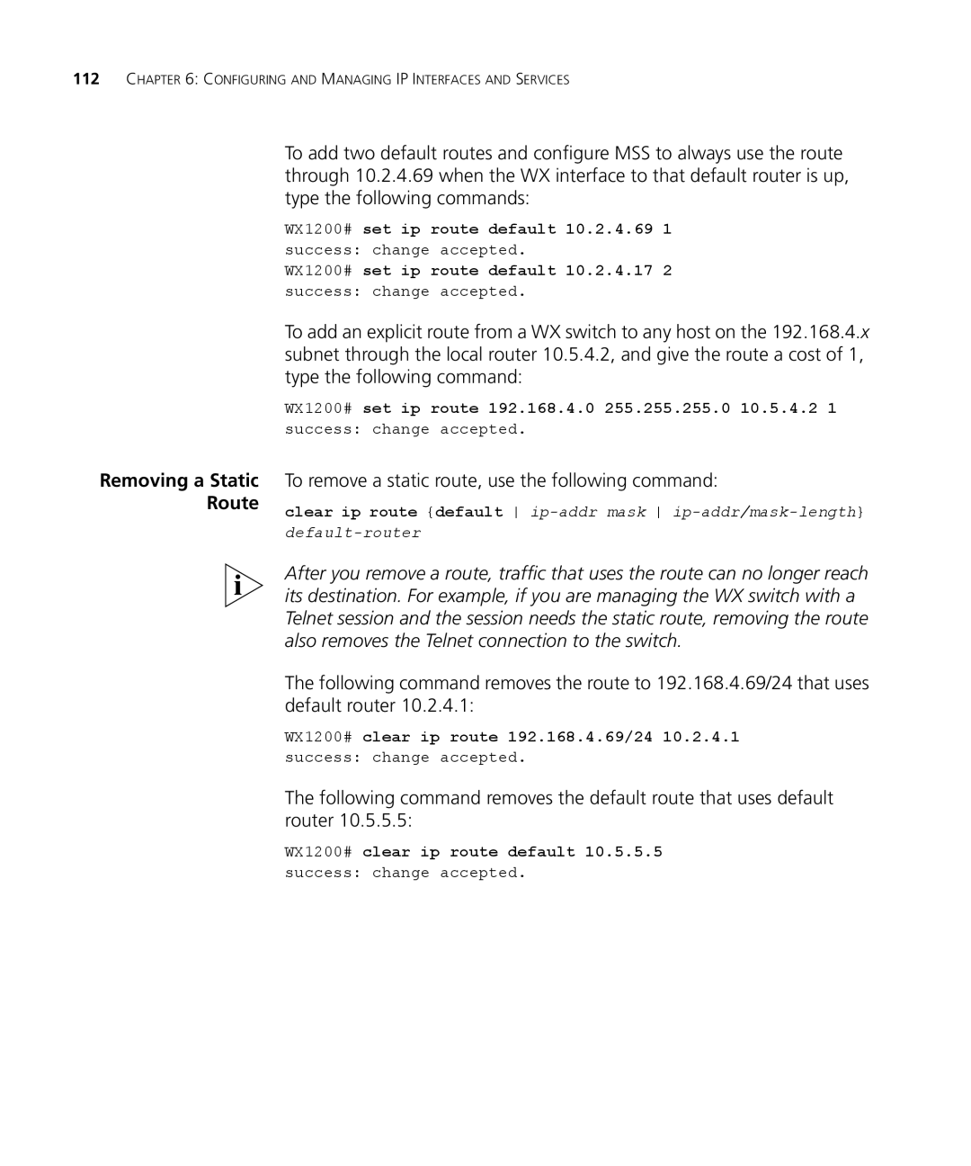 3Com WXR100 3CRWXR10095A, WX4400 3CRWX440095A, WX1200 3CRWX120695A manual To remove a static route, use the following command 