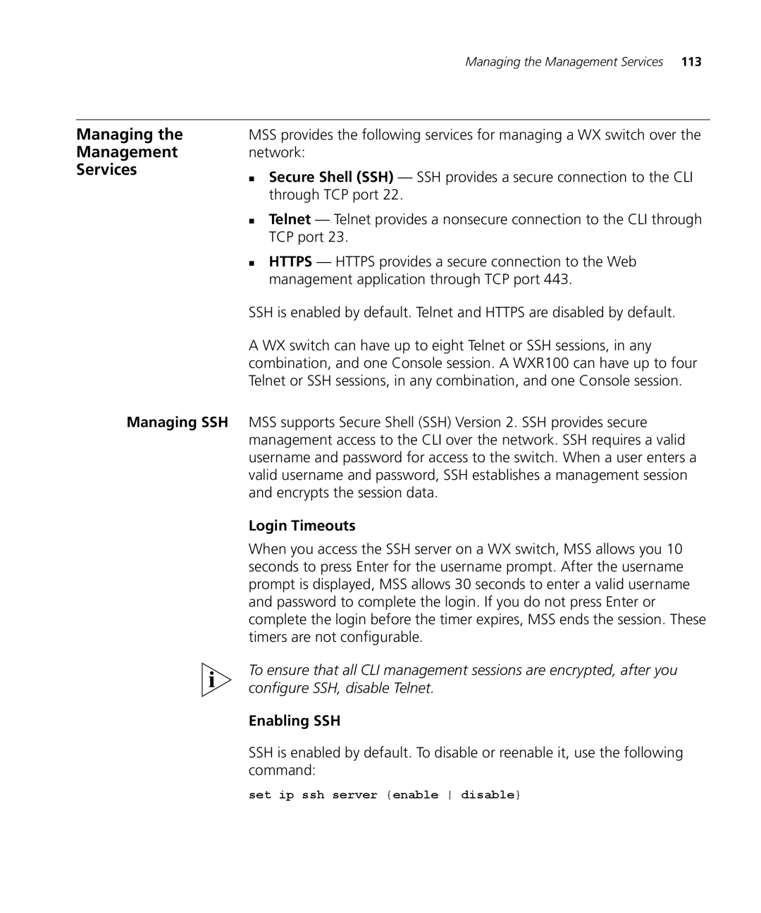 3Com WX4400 3CRWX440095A, WXR100 3CRWXR10095A Managing Management Services, Managing SSH, Login Timeouts, Enabling SSH 