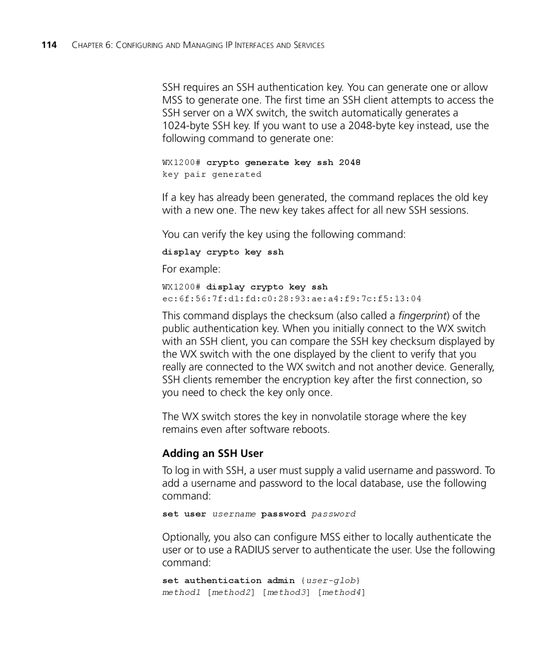 3Com WX1200 3CRWX120695A manual You can verify the key using the following command, For example, Adding an SSH User 