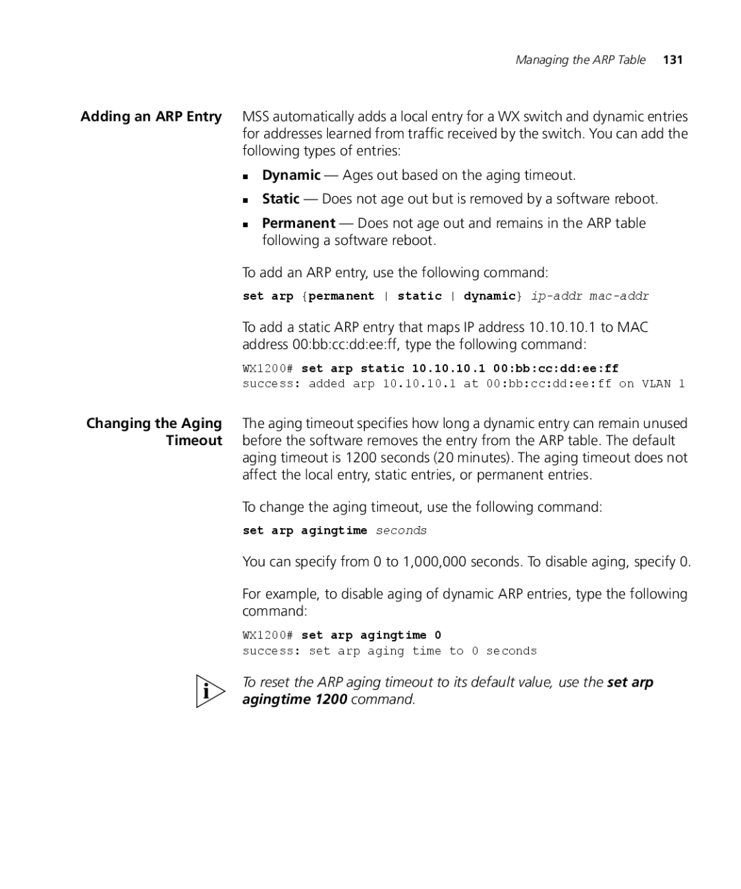 3Com WX2200 3CRWX220095A, WXR100 3CRWXR10095A Set arp permanent static dynamic ip-addrmac-addr, Set arp agingtime seconds 