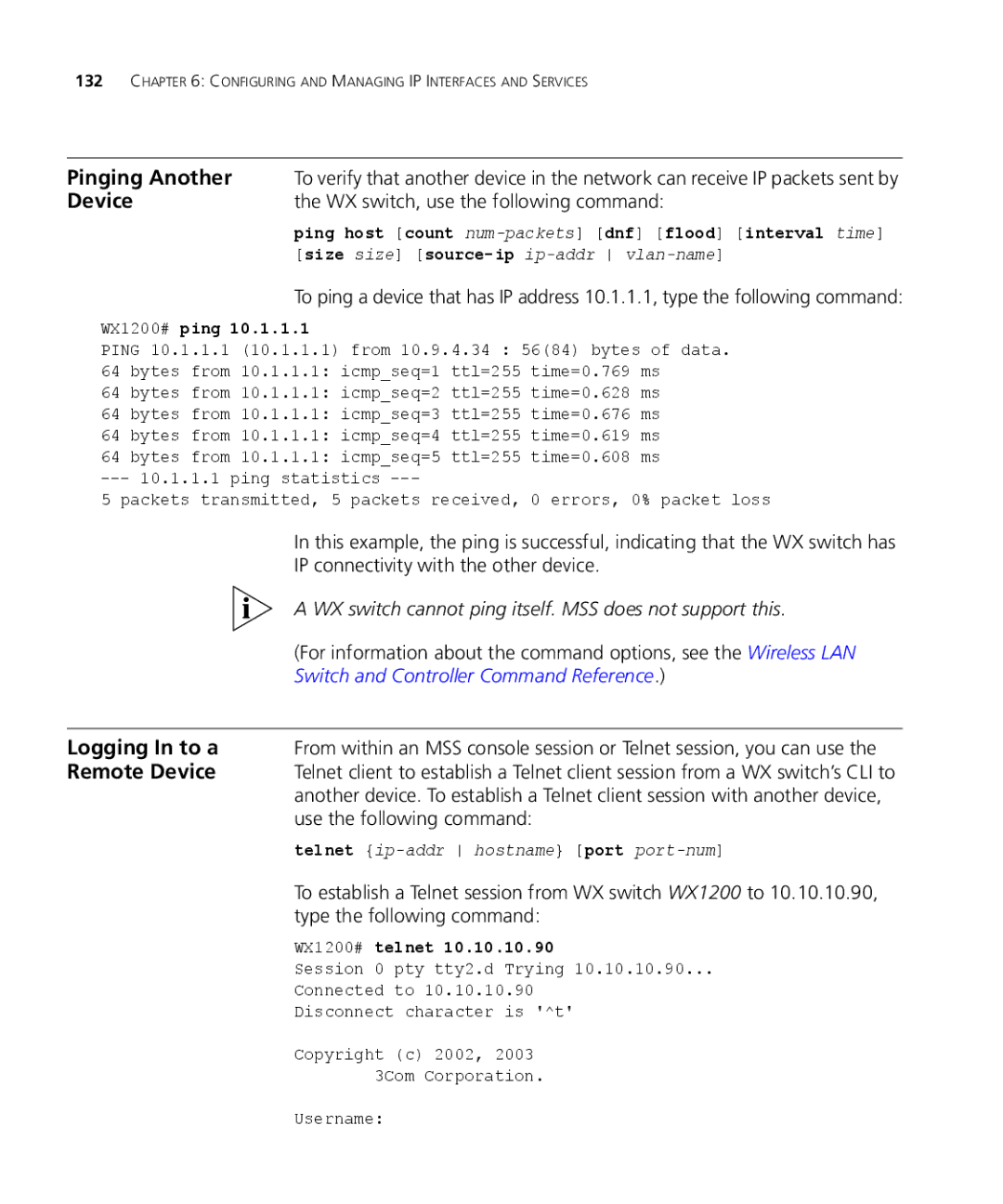 3Com WXR100 3CRWXR10095A, WX4400 3CRWX440095A, WX1200 3CRWX120695A manual Pinging Another, Logging In to a, Remote Device 