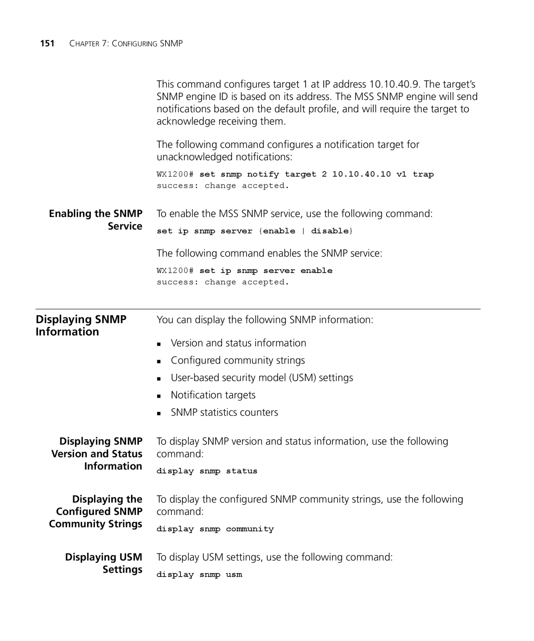 3Com WX2200 3CRWX220095A, WXR100 3CRWXR10095A manual Information, To enable the MSS Snmp service, use the following command 