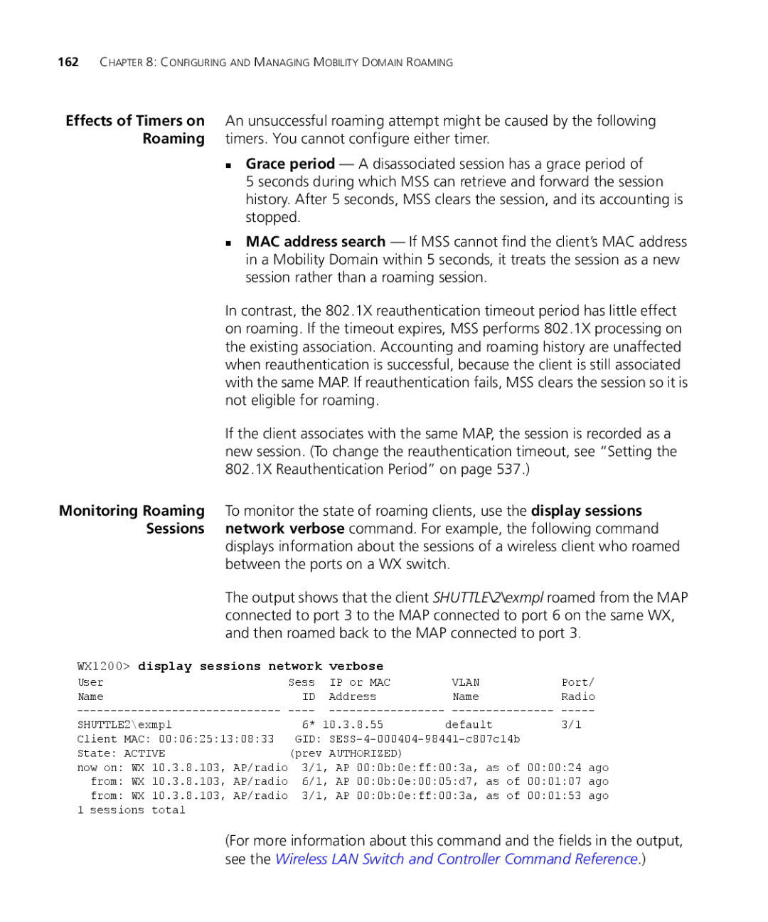 3Com WX1200 3CRWX120695A, WXR100 3CRWXR10095A, WX4400 3CRWX440095A manual WX1200 display sessions network verbose, Vlan 