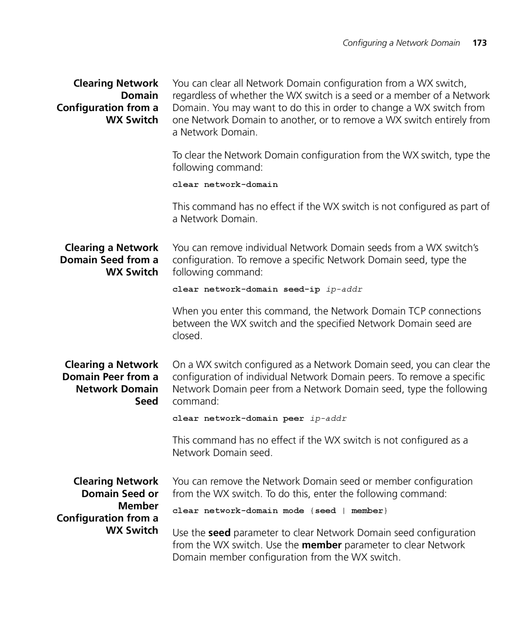 3Com WX4400 3CRWX440095A, WXR100 3CRWXR10095A manual WX Switch following command, Clear network-domain seed-ip ip-addr 