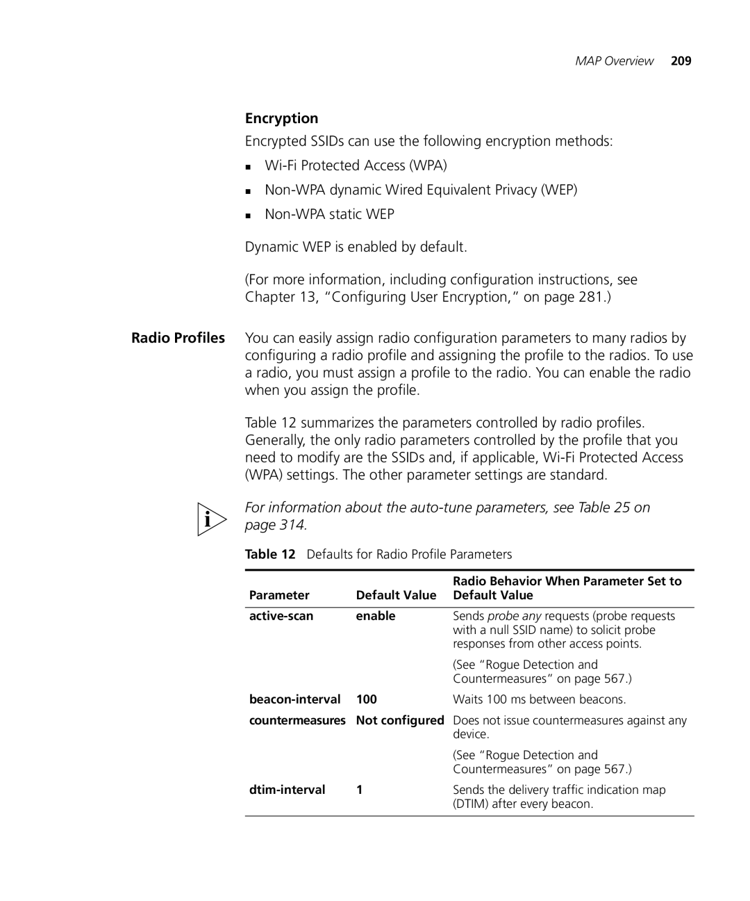 3Com WX4400 3CRWX440095A manual Encryption, Defaults for Radio Profile Parameters, Beacon-interval 100, Not configured 