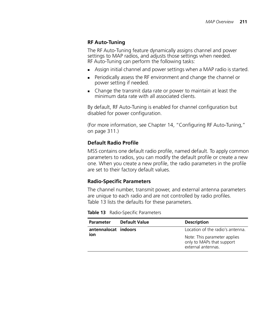 3Com WX2200 3CRWX220095A, WXR100 3CRWXR10095A manual RF Auto-Tuning, Default Radio Profile, Radio-Specific Parameters 