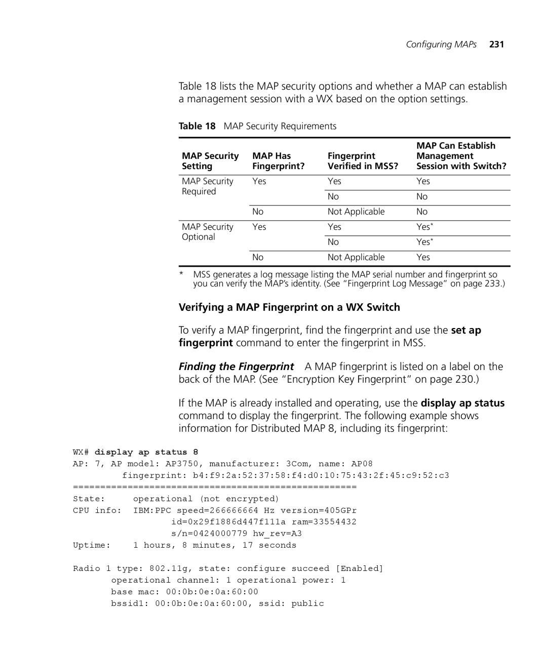 3Com WX2200 3CRWX220095A manual Verifying a MAP Fingerprint on a WX Switch, MAP Can Establish, WX# display ap status 