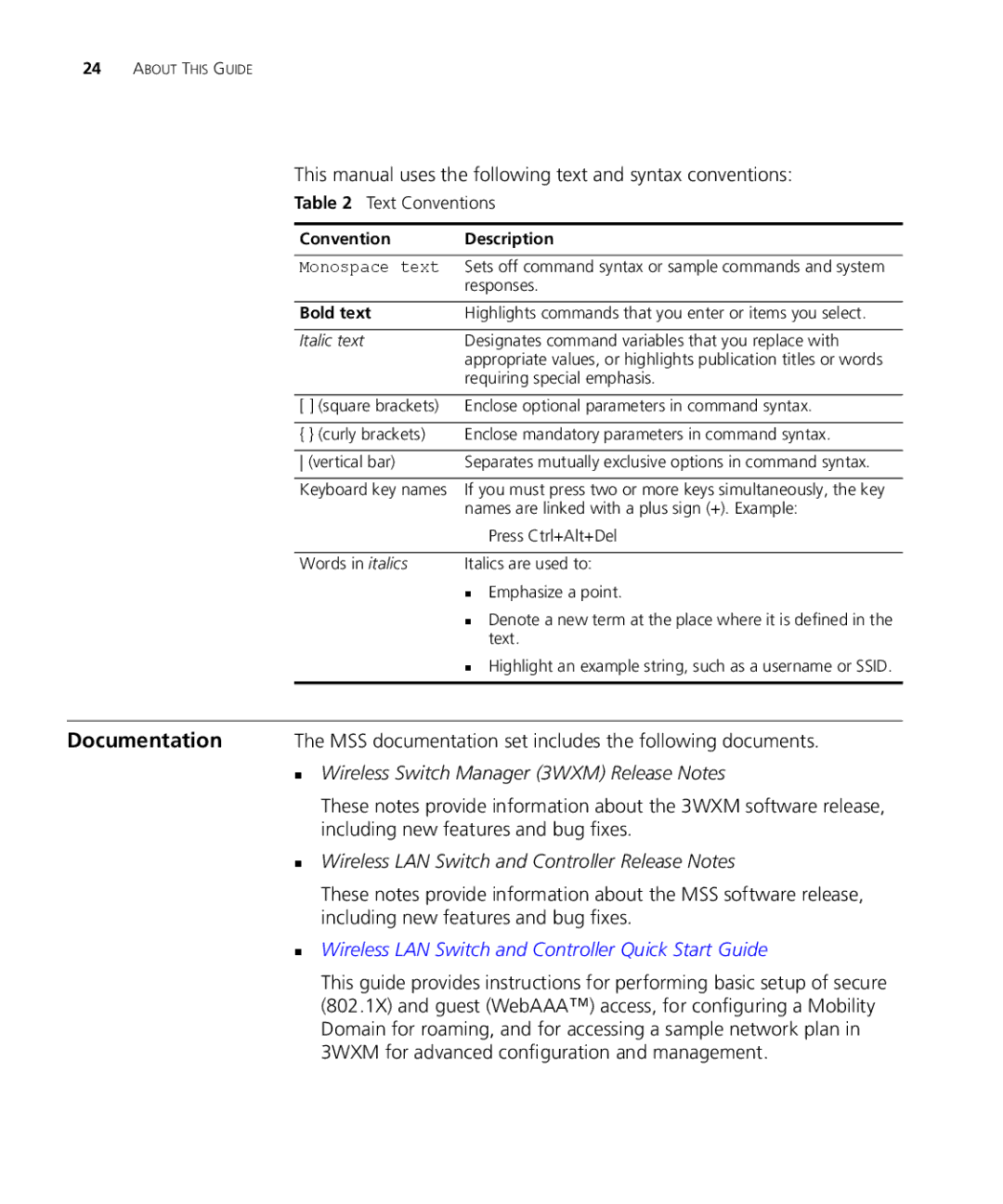 3Com WXR100 3CRWXR10095A, WX4400 3CRWX440095A Documentation, This manual uses the following text and syntax conventions 