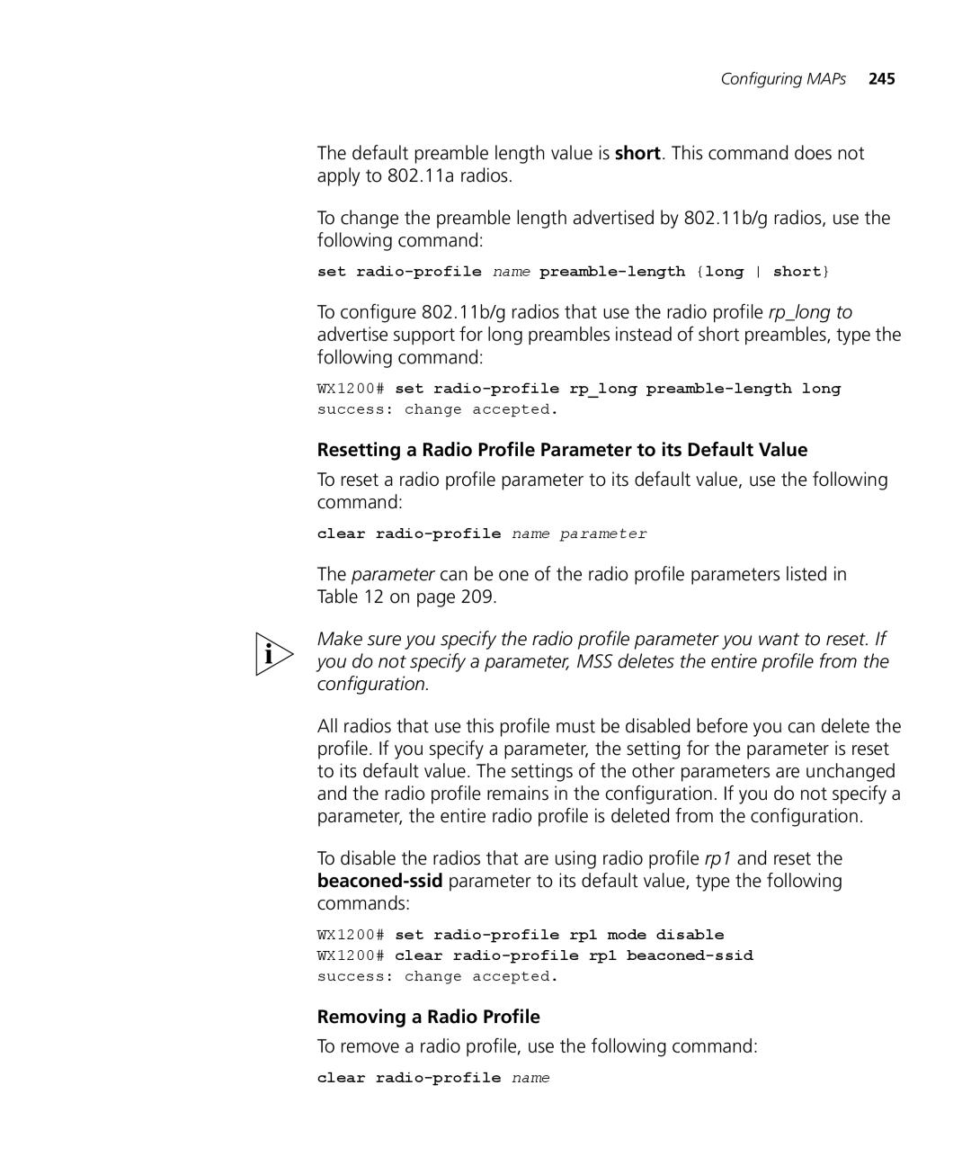 3Com WX4400 3CRWX440095A manual Resetting a Radio Profile Parameter to its Default Value, Removing a Radio Profile 