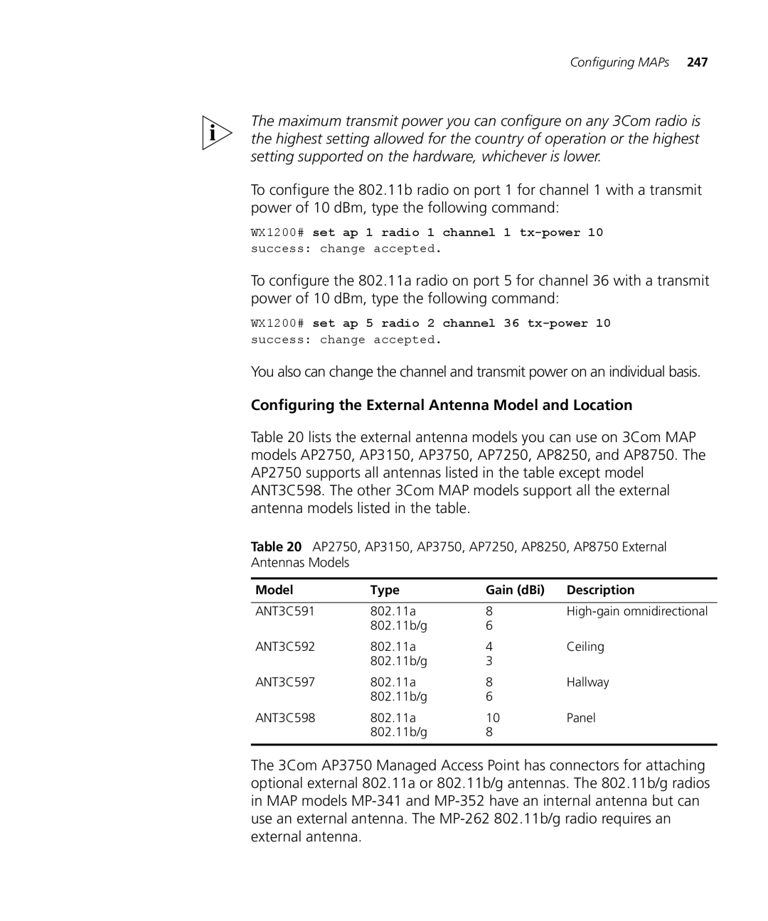 3Com WX2200 3CRWX220095A manual Configuring the External Antenna Model and Location, Model Type Gain dBi Description 