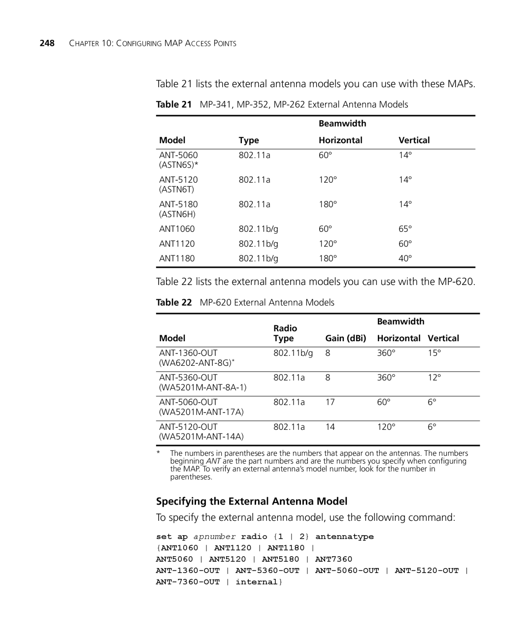 3Com WXR100 3CRWXR10095A manual Specifying the External Antenna Model, MP-341, MP-352, MP-262 External Antenna Models 