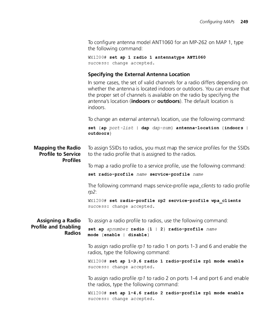 3Com WX4400 3CRWX440095A Specifying the External Antenna Location, Profiles, Assigning a Radio Profile and Enabling Radios 