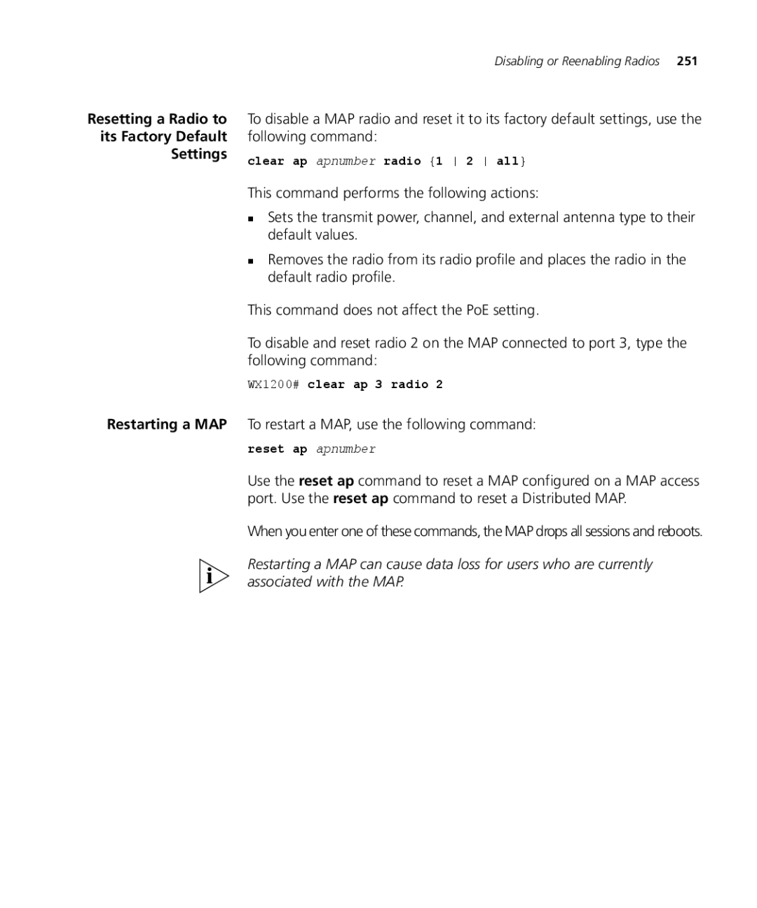 3Com WX2200 3CRWX220095A To restart a MAP, use the following command, Clear ap apnumber radio 1 2 all, Reset ap apnumber 