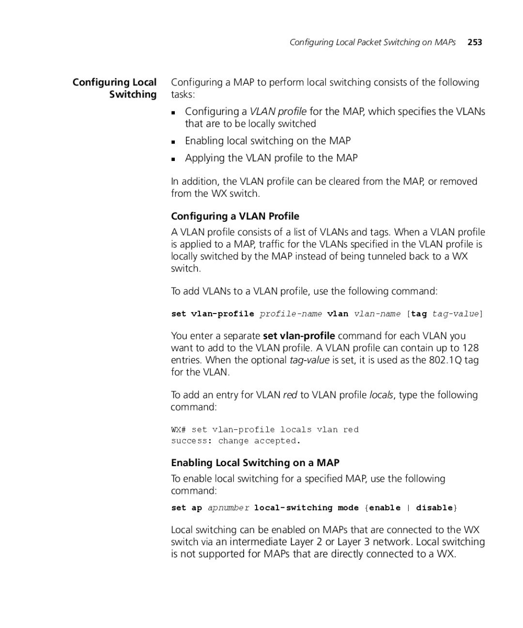 3Com WX4400 3CRWX440095A, WXR100 3CRWXR10095A manual Configuring a Vlan Profile, Enabling Local Switching on a MAP 