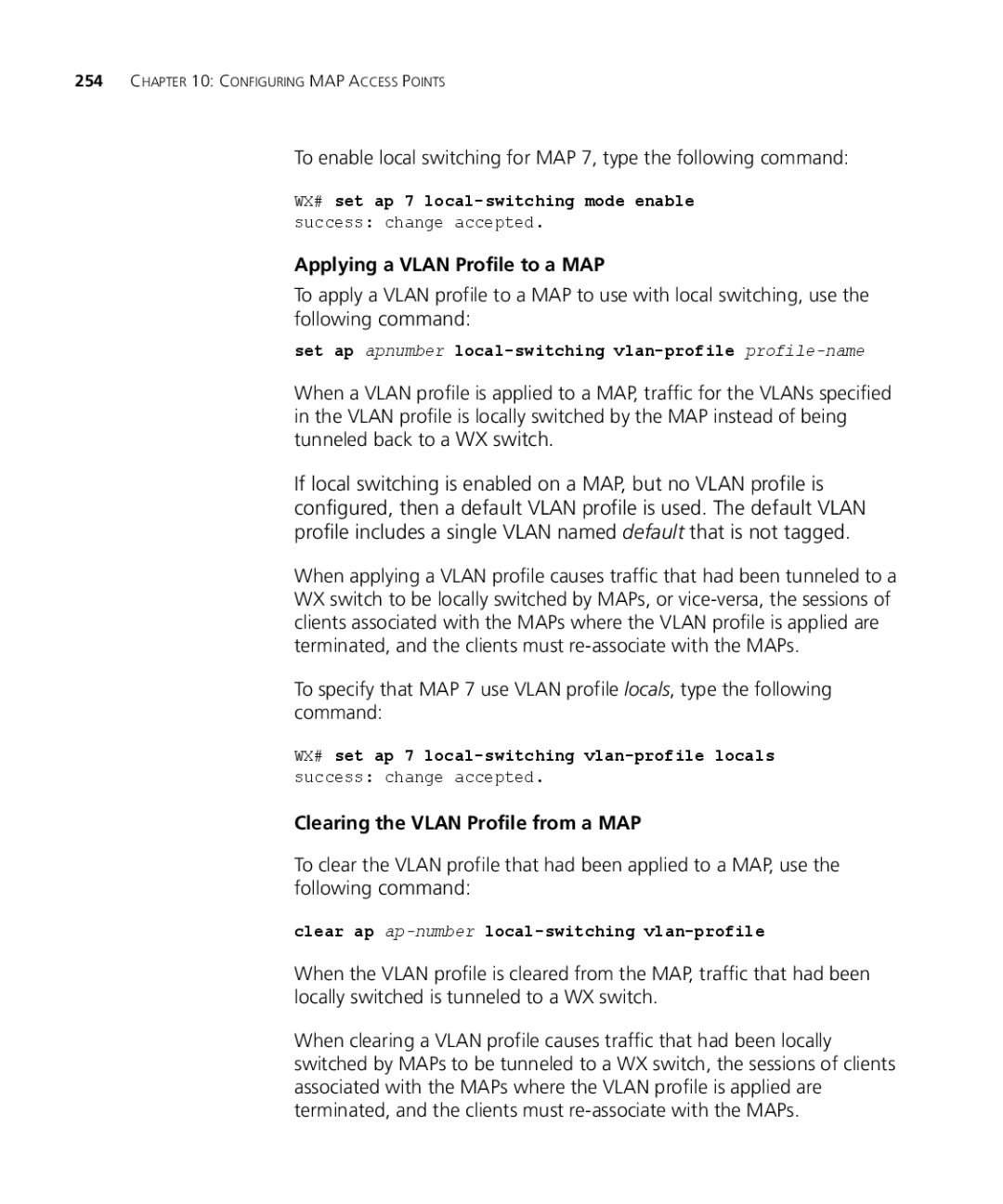 3Com WX1200 3CRWX120695A, WXR100 3CRWXR10095A manual Applying a Vlan Profile to a MAP, Clearing the Vlan Profile from a MAP 