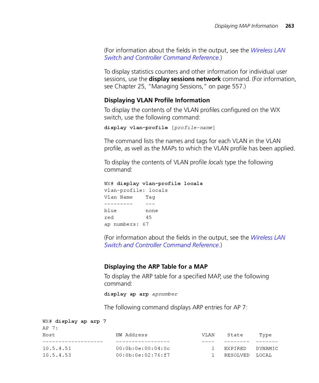 3Com WX2200 3CRWX220095A, WXR100 3CRWXR10095A manual Displaying Vlan Profile Information, Displaying the ARP Table for a MAP 