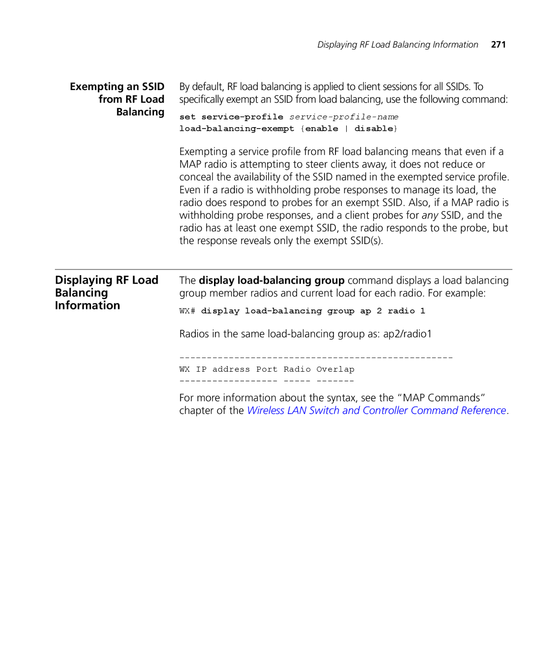 3Com WX2200 3CRWX220095A manual Displaying RF Load Balancing Information, Exempting an Ssid From RF Load Balancing 