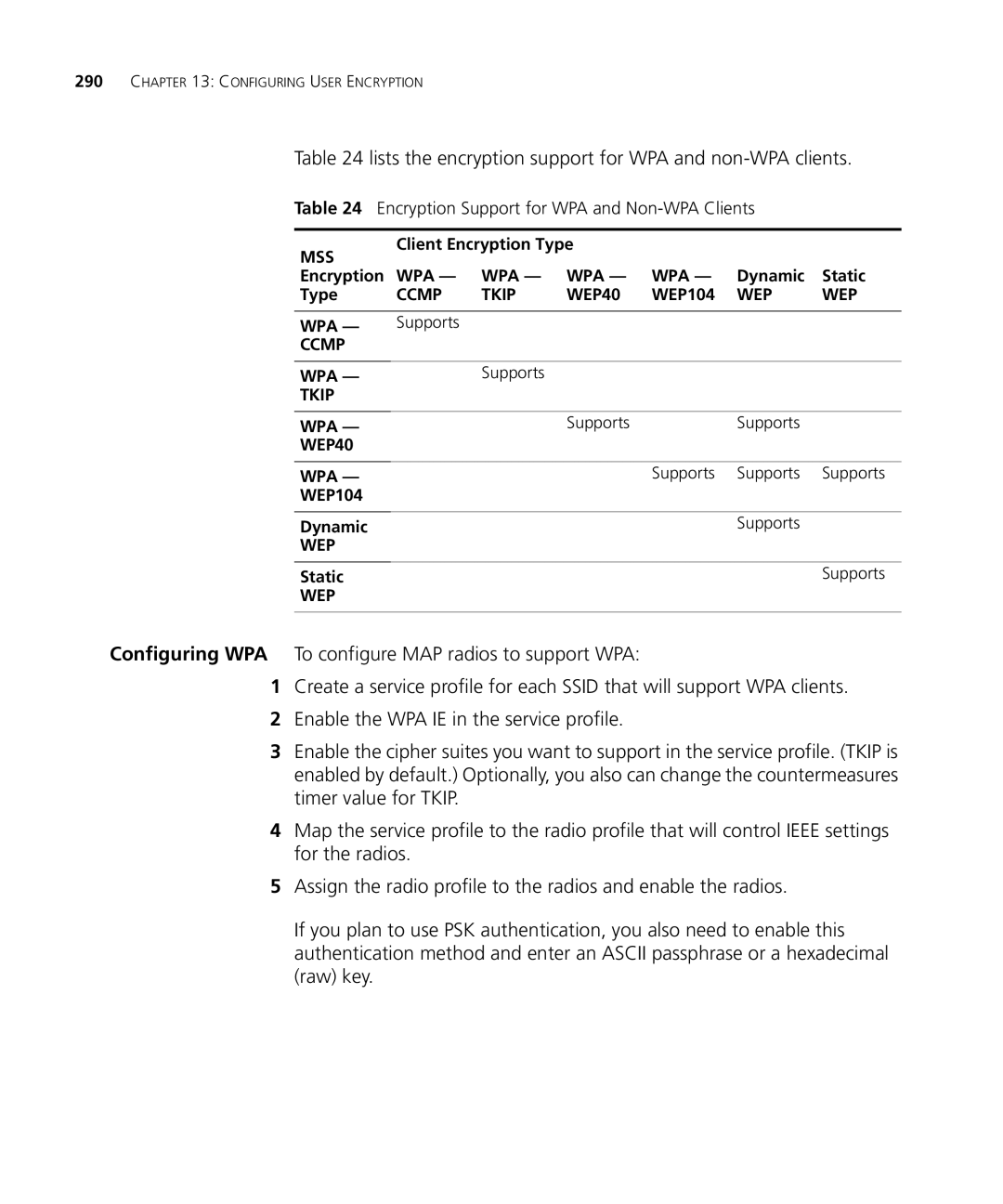 3Com WX1200 3CRWX120695A, WXR100 3CRWXR10095A, WX4400 3CRWX440095A Lists the encryption support for WPA and non-WPA clients 