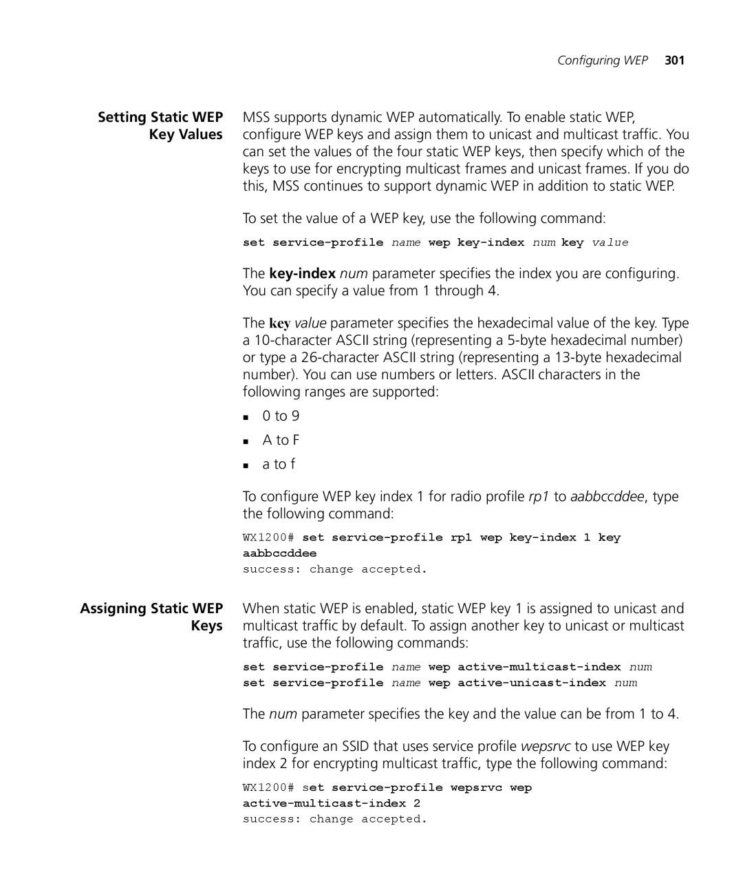 3Com WX4400 3CRWX440095A To set the value of a WEP key, use the following command, Traffic, use the following commands 