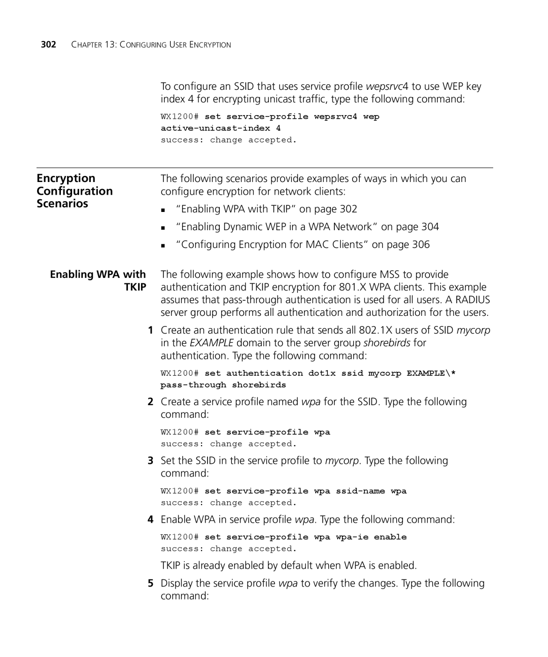 3Com WX1200 3CRWX120695A, WXR100 3CRWXR10095A, WX4400 3CRWX440095A manual Encryption Configuration Scenarios, Tkip 