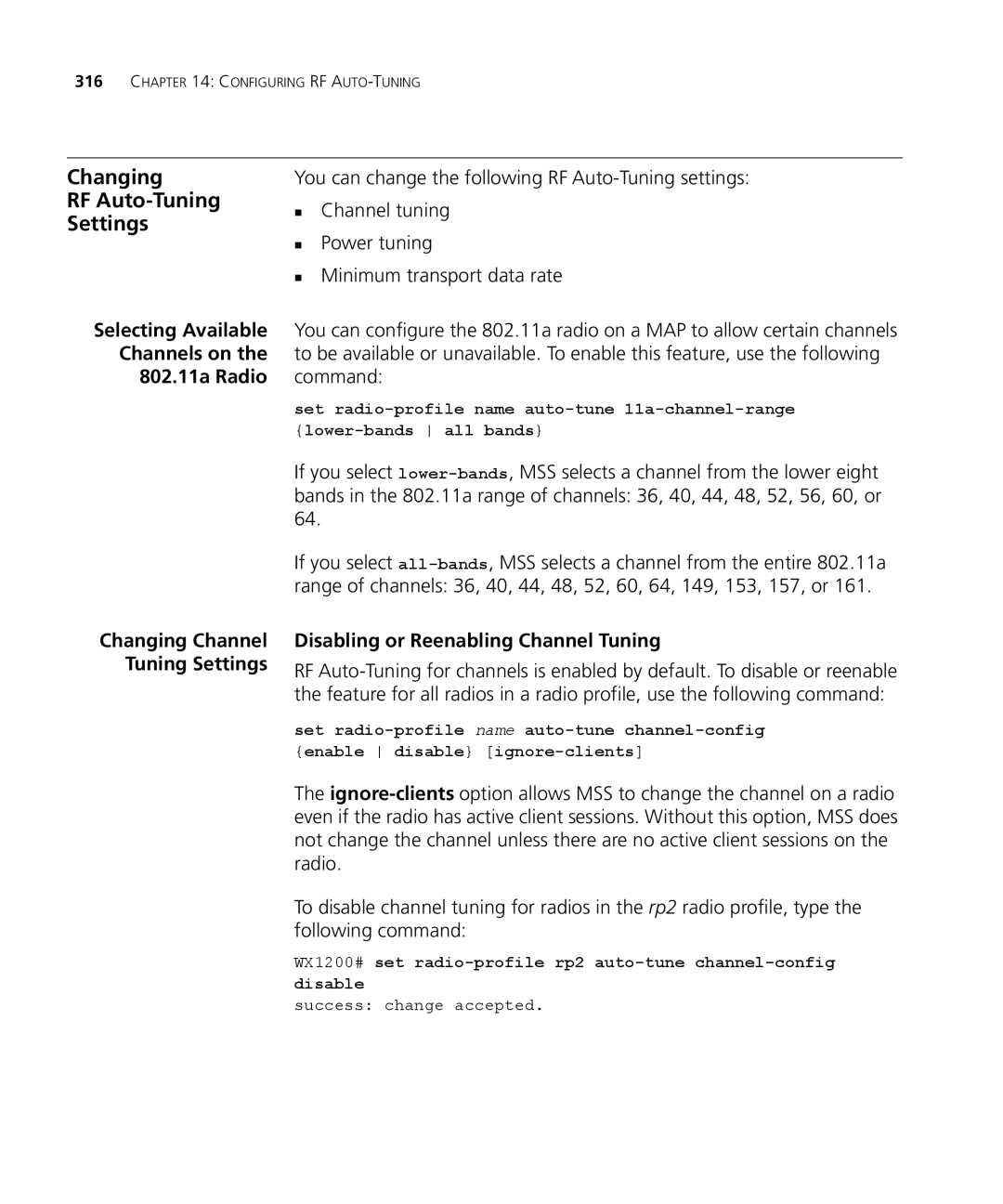 3Com WXR100 3CRWXR10095A, WX4400 3CRWX440095A, WX1200 3CRWX120695A, WX2200 3CRWX220095A Changing, RF Auto-Tuning, Settings 