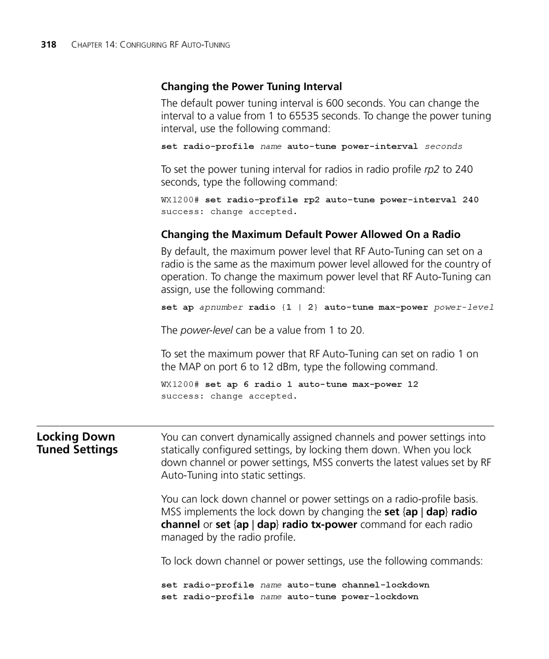 3Com WX1200 3CRWX120695A, WXR100 3CRWXR10095A manual Locking Down, Tuned Settings, Changing the Power Tuning Interval 