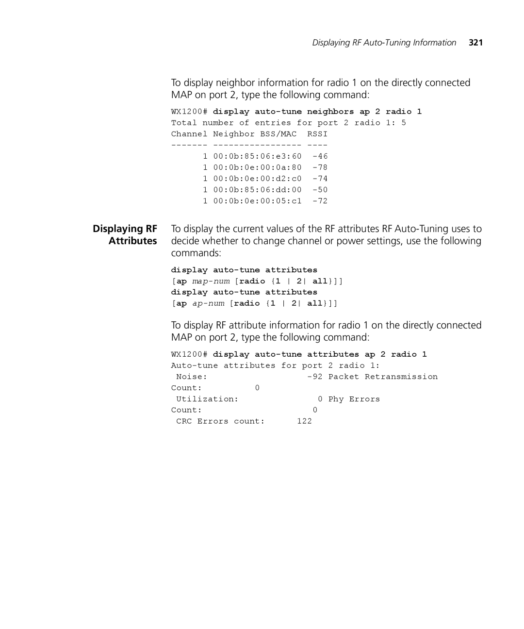 3Com WX4400 3CRWX440095A Commands, Display auto-tune Neighbors ap 2 radio, WX1200# display auto-tune attributes ap 2 radio 